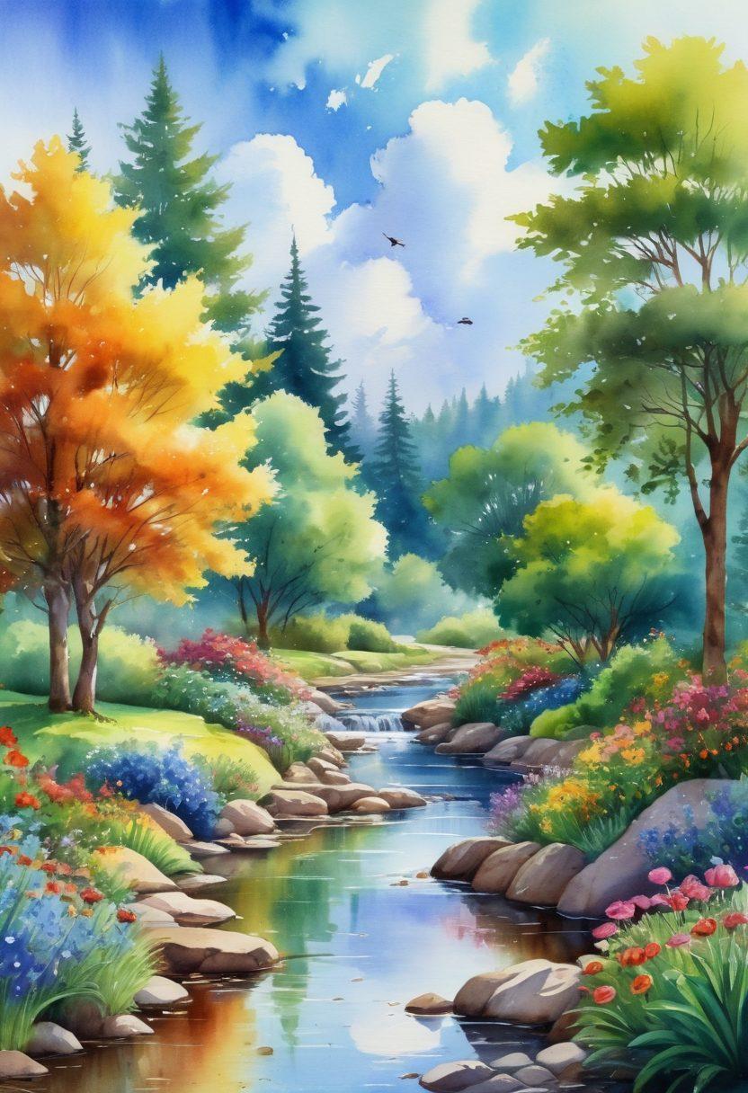 A picturesque eco-friendly landscape featuring a variety of healthy trees and vibrant plants, interspersed with colorful flowers and organic gardening tools. A gentle stream flows through the scene, with birds and butterflies fluttering above, symbolizing a thriving ecosystem. A friendly expert in gardening attire is demonstrating sustainable practices like composting or planting native species. The sky is bright blue with fluffy clouds, creating an uplifting atmosphere. watercolor art. vibrant colors. natural scenery.