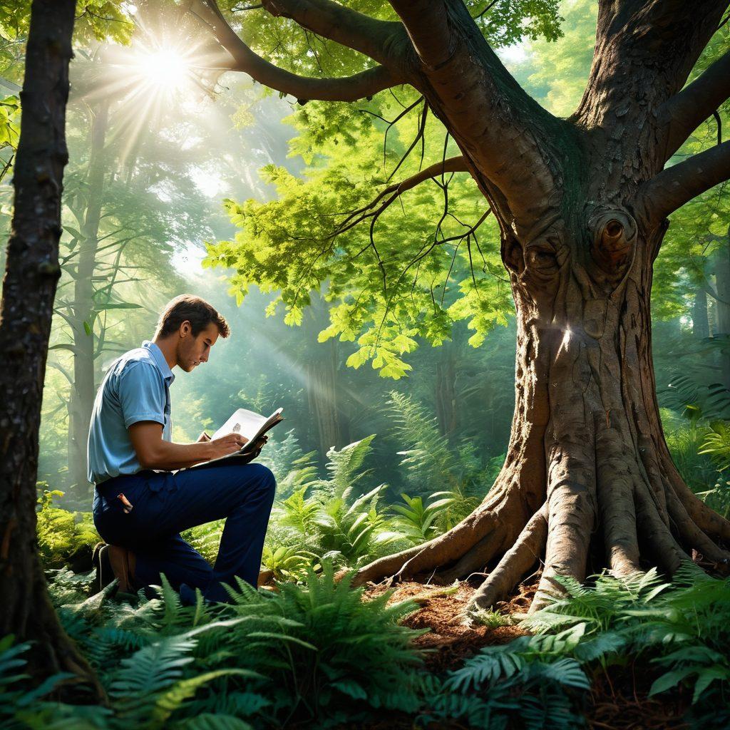 An expert tree specialist examining a lush, vibrant tree in a sunlit forest, surrounded by diverse plant life demonstrating thriving ecosystems. Tools of his trade, such as pruning shears and a notebook, lie nearby, while birds and butterflies flit around, symbolizing biodiversity. The scene conveys a sense of discovery and growth, inviting the viewer to learn more about tree care. super-realistic. vibrant colors. natural setting.