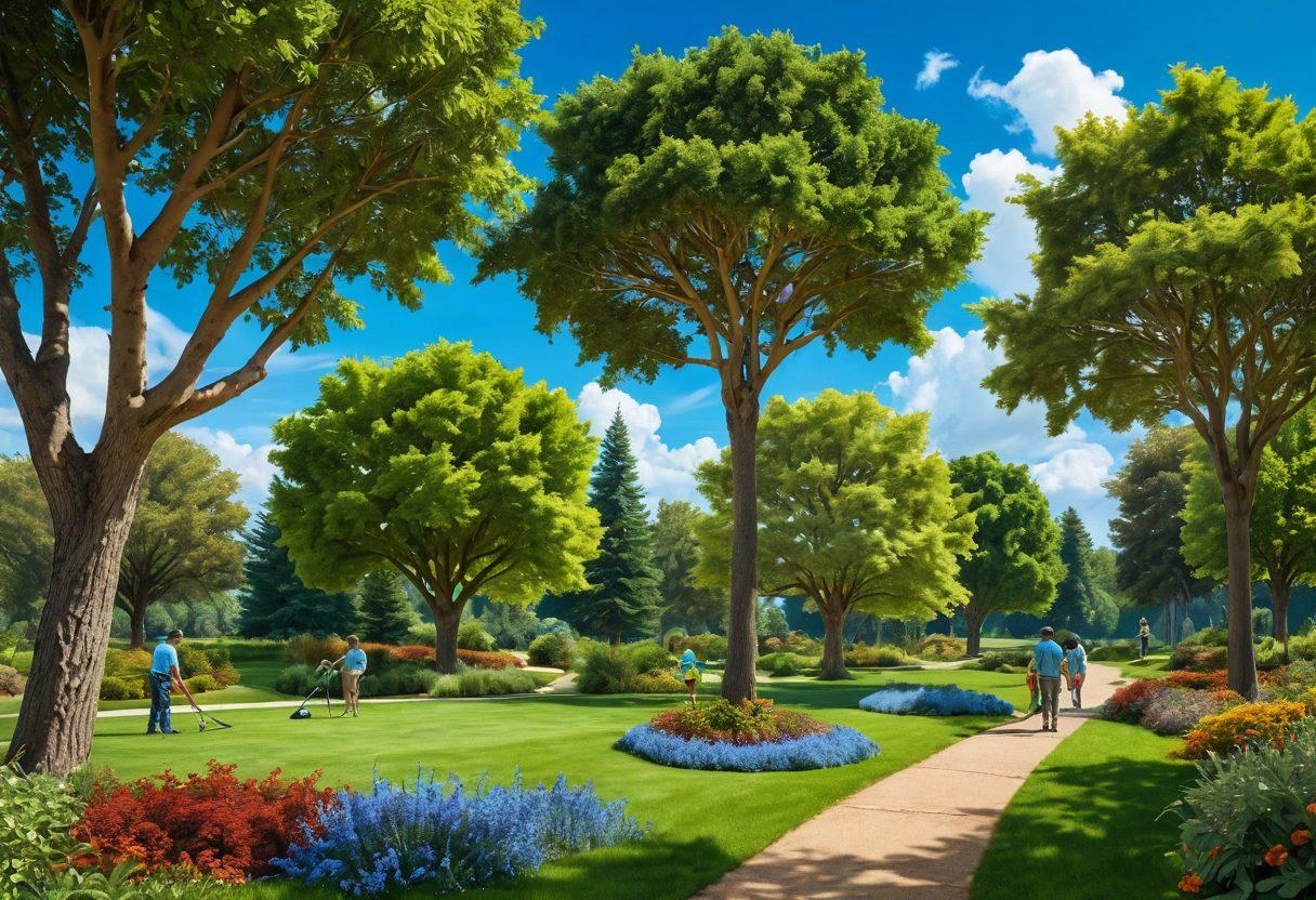 An inviting landscape showcasing various healthy trees of different species, some being pruned and others receiving water. Include a diverse group of people engaging in tree care, with gardening tools and vibrant green grass. The sky is bright blue with fluffy clouds, creating a hopeful atmosphere. This scene emphasizes the importance of tree care in transforming landscapes. super-realistic. vibrant colors. natural setting.